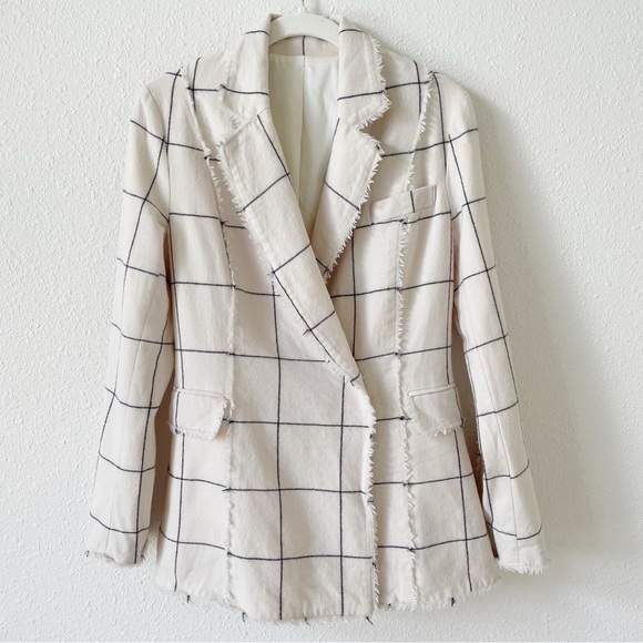 Jackets & Blazers - Wool Cashmere Windowpane Plaid Blazer Cream Black Size XS? Luxury Neutral